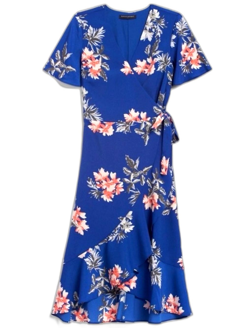 Banana Republic Floral Wrap Dress Womens 2 Blue Midi Flutter Sleeve